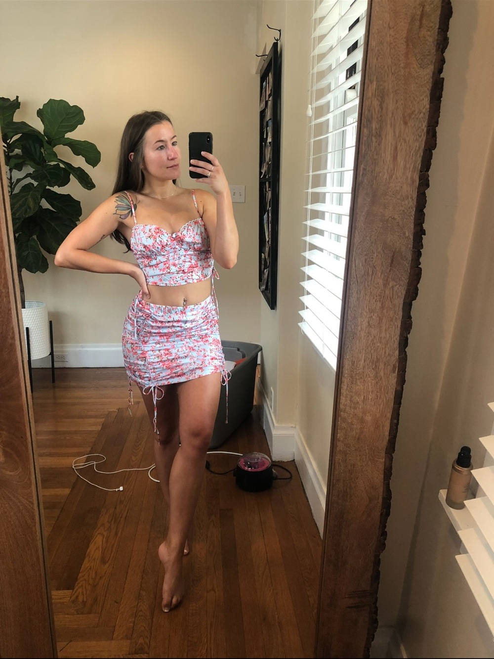Floral Ruched Mini Skirt in Pink White